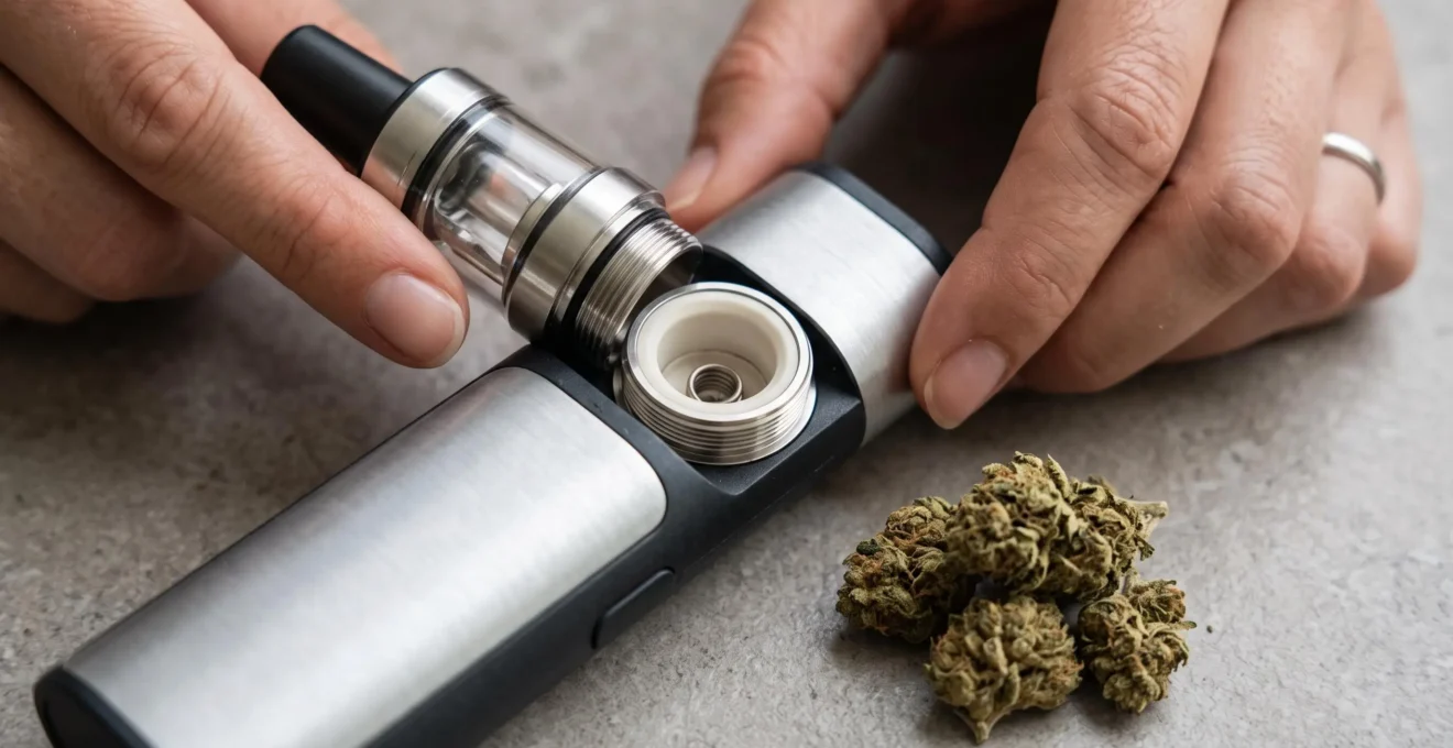 Gros plan sur la chambre de chauffe d'un vaporisateur CBD avec fleurs de CBD à proximité