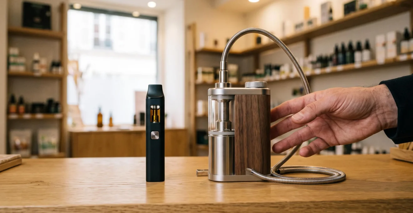 Comparaison entre un vaporisateur portable format stylo et un modèle de salon sur un comptoir de boutique CBD