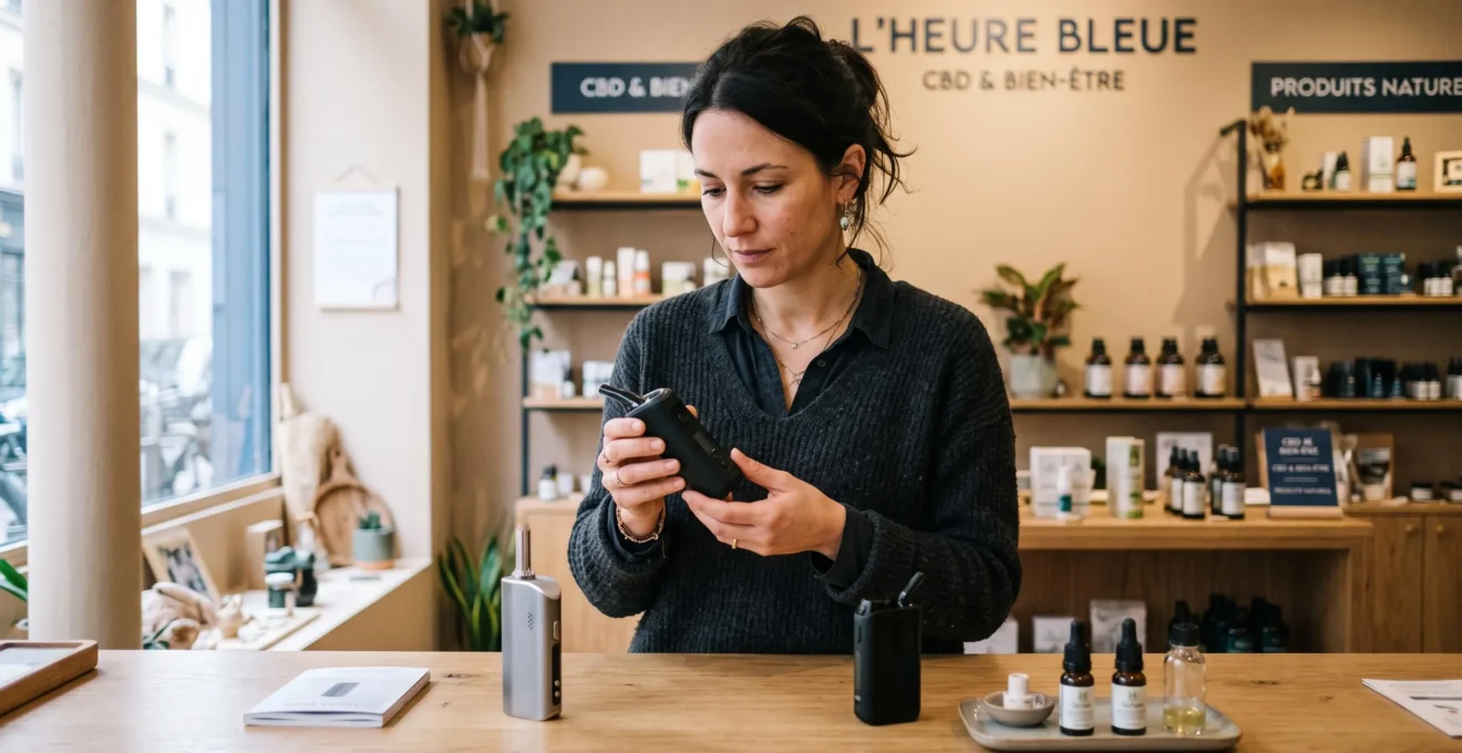Détaillant examinant différents modèles de vaporisateurs CBD sur un comptoir de boutique professionnelle