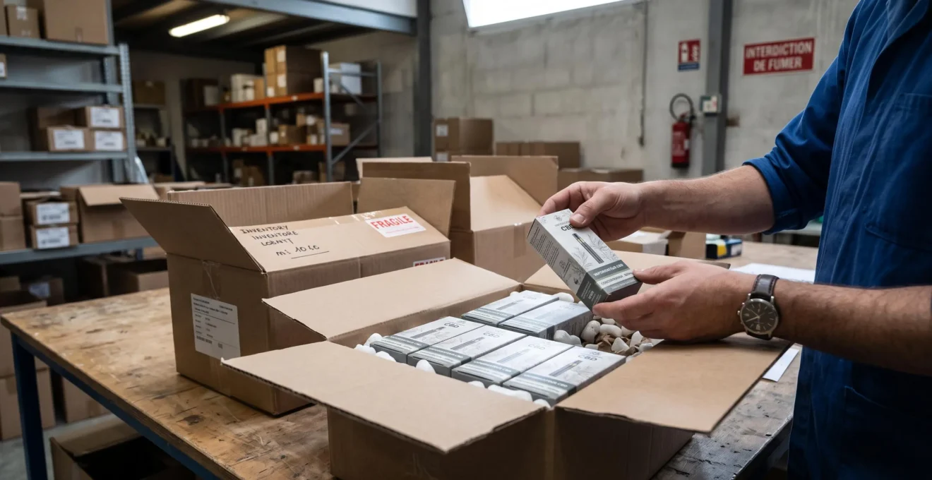 Réception de stock de vaporisateurs CBD dans l'arrière-boutique d'un détaillant professionnel